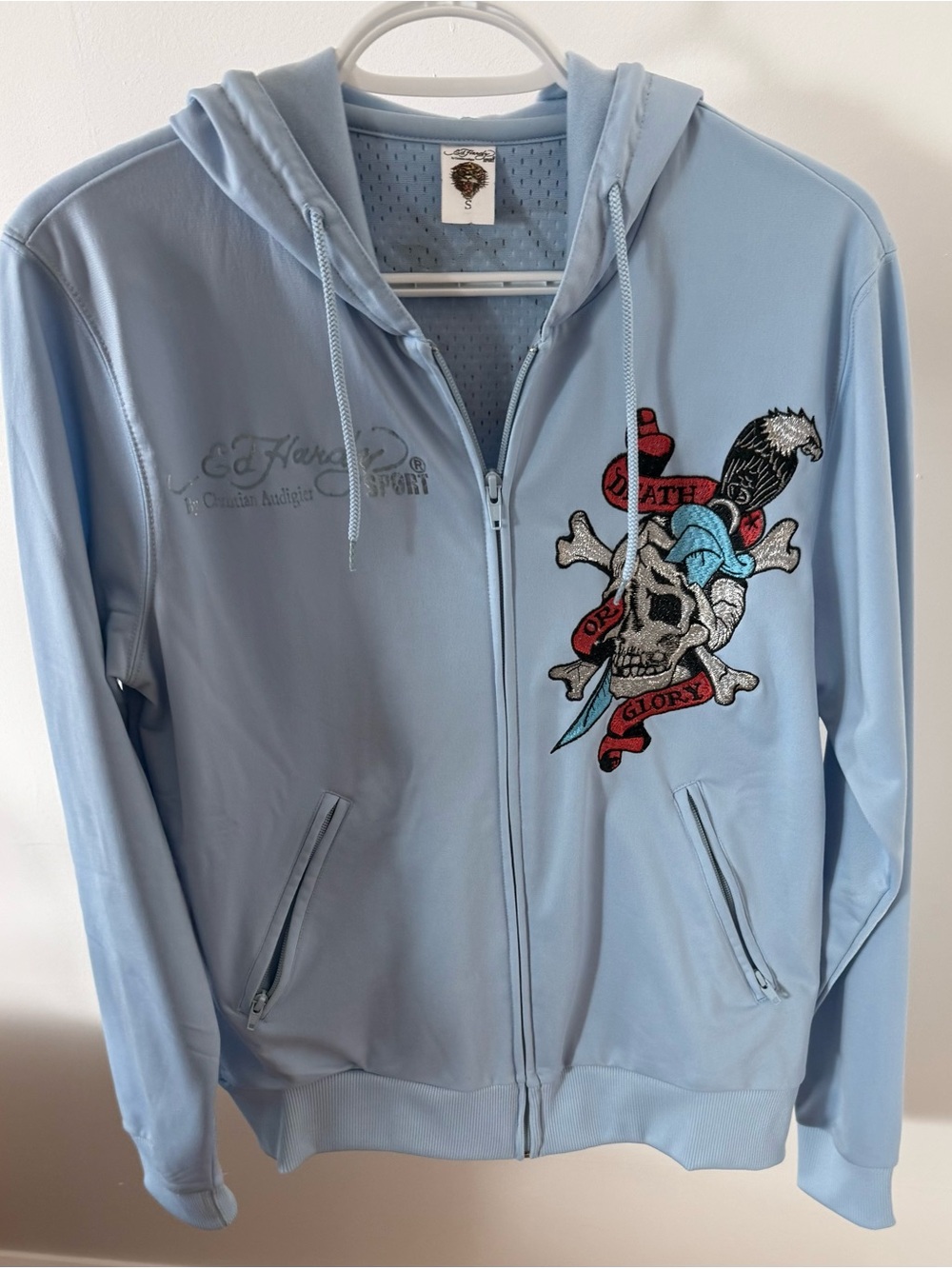 Christian Audigier Light Blue Zip-Up Hoodie Jacket with Skull & Dagger Patch